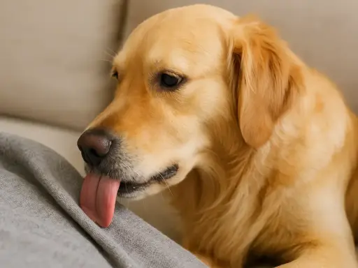 Un golden retriever lèche un tissu gris. Peut-être qu'il se demande pourquoi mon chien lèche les tissus, cherchant une explication à ce comportement.