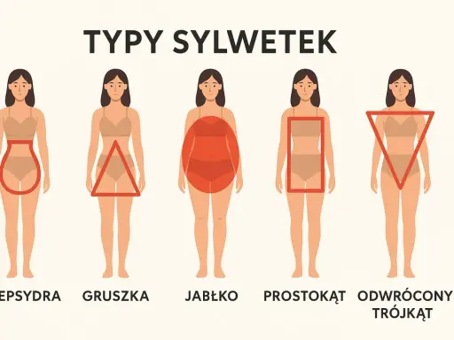 Pięć typów sylwetek: klepsydra, gruszka, jabłko, prostokąt i odwrócony trójkąt.