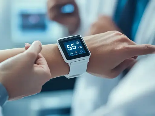 Biały smartwatch na nadgarstku pokazuje 55 uderzeń na minutę, monitorując tętno spoczynkowe.