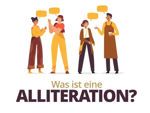 Vier Personen im Gespräch, über ihnen Sprechblasen. Die Frage "Was ist eine Alliteration?" wird gestellt, um das Konzept zu erklären.