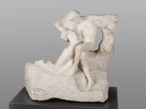 A marble sculpture of two embracing figures, a man lifting a woman, evoking Rodin's eternal spring of love and passion.