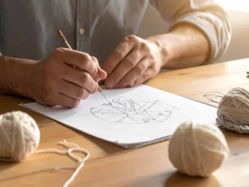Ręce rysują skomplikowane crochet charts. Na stole leżą kłębki włóczki i gotowy fragment robótki.