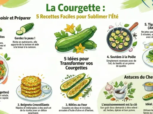 Infographie sur la courgette : 5 recettes faciles pour sublimer l'été, incluant zoodles, beignets, rôties, sautées et tiges bouillies. Idées pour les grosses courgettes.