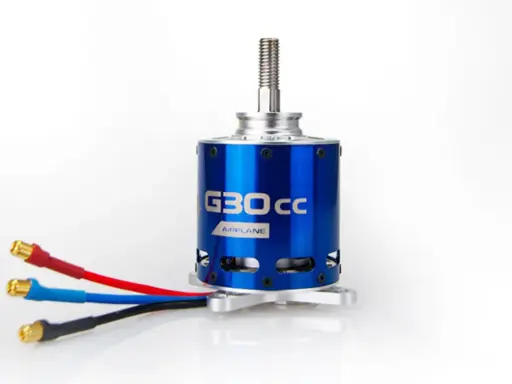 Ein blauer bürstenloser Motor mit der Aufschrift "G30cc AIRPLANE" und drei farbigen Kabeln.