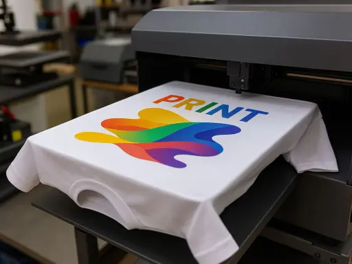 Nowa koszulka z tęczowym wzorem i napisem PRINT, gotowa do drukowania na plastiku.
