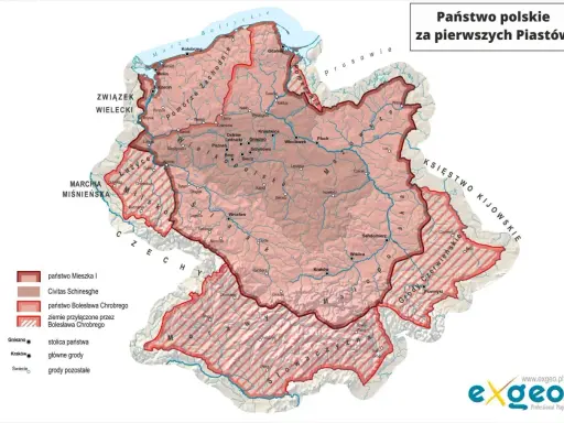 Mapa pokazuje państwo polskie za pierwszych Piastów, kiedy powstala Polska. Zaznaczono granice państwa Mieszka I i Bolesława Chrobrego.