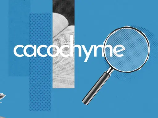 Une loupe examine le mot "cacochyme", un terme rare pour désigner une personne de mauvaise humeur. Le fond bleu et les motifs graphiques ajoutent une touche moderne.
