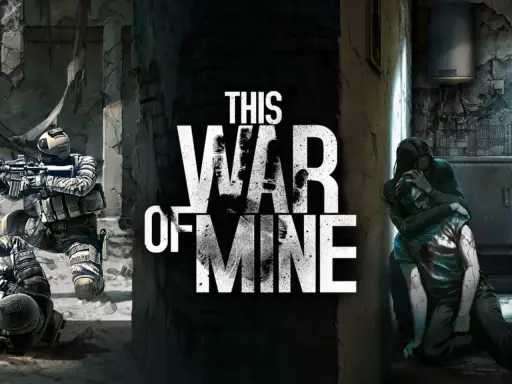 This War of Mine" lektura: żołnierze w ruinach i osoba niosąca rannego. Obraz przedstawia trudne realia wojny.