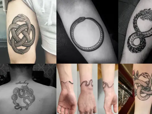 Tatouages de serpents entrelacés, symboles du temps et de l'éternité. Un Ouroboros, un dragon, et des motifs complexes ornent des bras, un dos et des poignets.