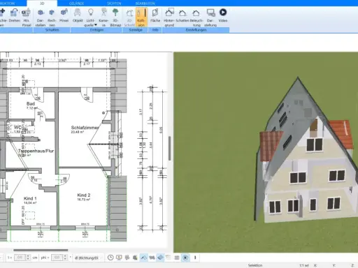 Bauplan eines Nur-Dachhauses mit Grundriss und 3D-Ansicht.
