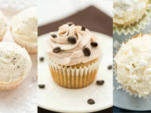 Verschiedene Cupcakes: Vanille mit Tupfen, Kaffee mit Bohnen und Kokos. Ein tolles Rezept für jeden Anlass!