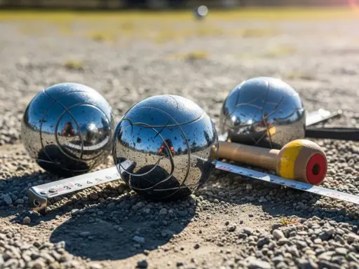 Trois boules de pétanque brillantes, un cochonnet et un mètre sur un terrain de gravier. Le jeu du joueur de boules est prêt.