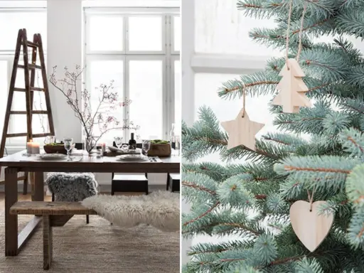 Vänster: rustik matplats med julstämning, höger: julgranspynt i trä. Jul inredning inspiration.