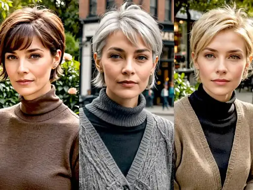 Tres mujeres con un moderno corte bixie, cada una con un estilo y color de cabello diferente, posan juntas al aire libre.