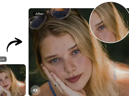Comparación "antes y después" de un rostro femenino. La imagen "después" muestra un detalle ampliado con photoshop super resolution, revelando mayor nitidez.