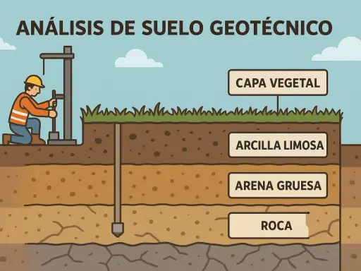 Un trabajador realiza un estudio geotecnico para entender las capas del suelo: capa vegetal, arcilla limosa, arena gruesa y roca.