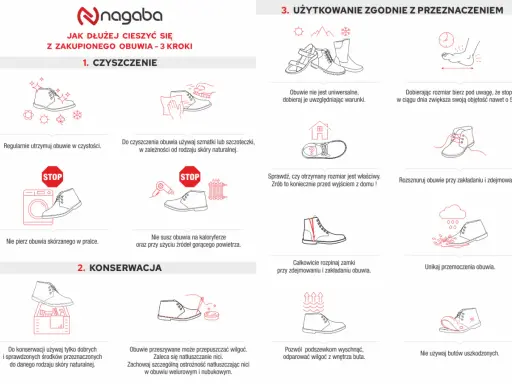 Regularnie czyść buty szmatką lub szczoteczką, by dłużej cieszyć się ich wyglądem. Unikaj prania i suszenia przy gorących źródłach.