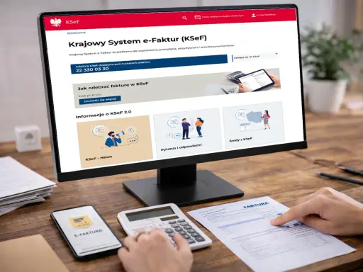 Na ekranie komputera widoczna jest strona Krajowego Systemu e-Faktur (KSeF), platformy do obsługi faktur. Obok leży smartfon z ikoną "E-FAKTURA", kalkulator i dokument "FAKTURA".