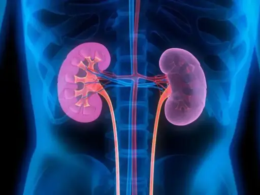 Anatomia nerek z widocznymi naczyniami krwionośnymi. Obraz może pomóc w zrozumieniu, jak rak nerki objawy mogą wpływać na ten narząd.