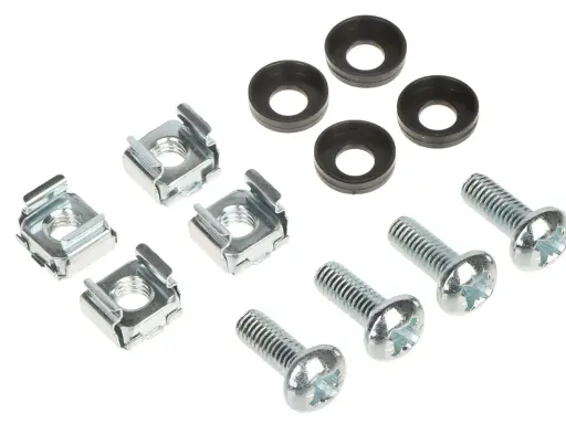 Rack-Schrauben-Set mit vier Käfigmuttern, vier Unterlegscheiben und vier Schrauben. Ideal für die Montage von Geräten, die Kunststoffschrauben M6 benötigen.