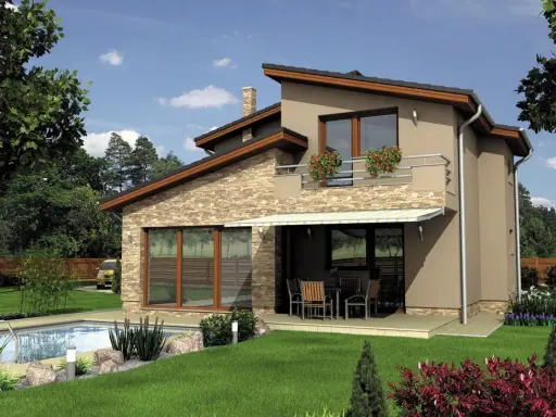 Eleganti case moderne esterni a due piani con piscina e giardino curato.