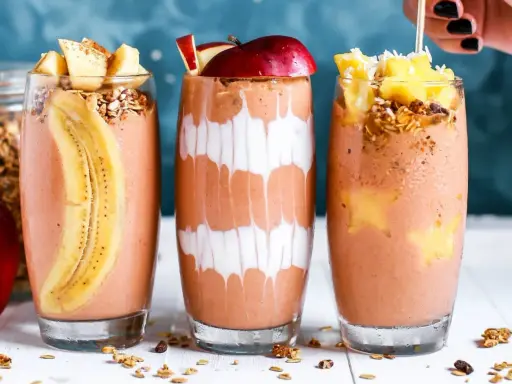 Drei leckere, bunte Smoothies im Glas, garniert mit Früchten und Müsli. Perfekt für den gesunden **Aufbau-Shake** am Morgen.