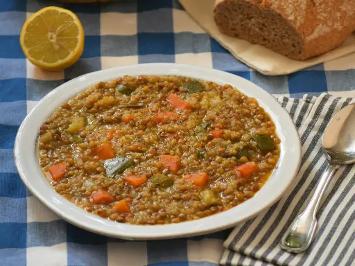 Un plato de sopa de lentejas y verduras, perfecto para recetas de quinoa.