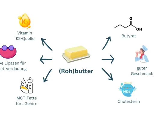 (Roh)butter: Vitamin K2-Quelle, aktive Lipasen, MCT-Fette, Butyrat, guter Geschmack und Cholesterin.