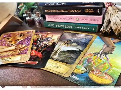 Tarot online, który się sprawdza, układa się na stole. Widać karty z lisem, rycerzami, kobietą i dłońmi.