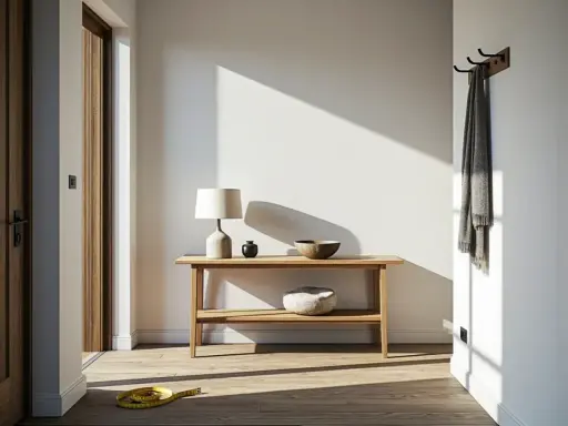 Minimalistyczna konsola w przedpokoju aranżacje: drewniany mebel z lampą, misą i ozdobnym kamieniem. Na ścianie wieszak z szalem.