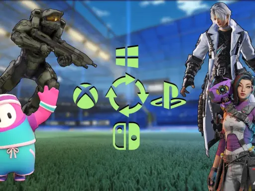 Master Chief, Fall Guy, i postacie z Borderlands i Final Fantasy symbolizują gry crossplay Xbox PC.