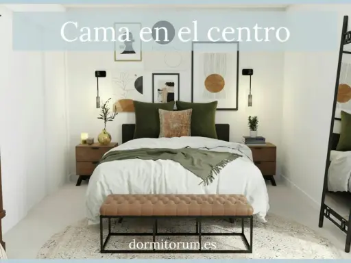Distribución dormitorio matrimonio con cama central, mesitas de noche, espejo y reloj de pie.