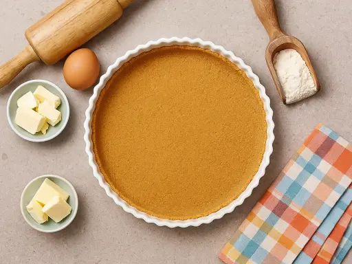 Fond de tarte avec biscuits écrasés sans beurre, prêt pour une garniture gourmande. Ingrédients : œuf, beurre, farine, rouleau à pâtisserie.