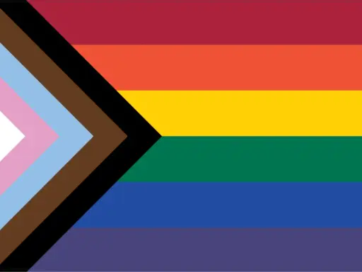 Progress Pride flag with stripes of red, orange, yellow, green, blue, and purple, plus a chevron of white, pink, light blue, brown, and black. This symbolizes inclusivity, suggesting Belize is gay friendly.