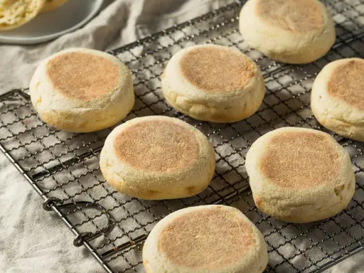 Plusieurs muffins anglais dorés et moelleux refroidissent sur une grille. Parfaits pour le petit-déjeuner.