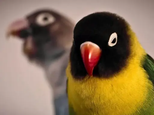 Due pappagalli inseparabili, uno giallo e nero in primo piano, l'altro sfocato sullo sfondo. Il loro comportamento è affascinante.