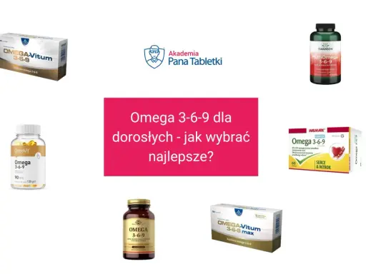 Różne suplementy diety z kwasami omega 3, w tym Omega-Vitum, OstroVit, Swanson i Walmark.