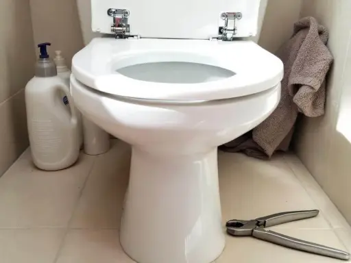 Préparez-vous à changer l'abattant WC. Nettoyants, serviette et pince à portée de main pour le bricolage.