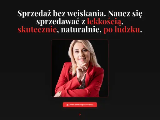Kobieta w czerwonej marynarce uczy, jak sprzedawać skutecznie i naturalnie. Zapisz się na darmową konsultację.