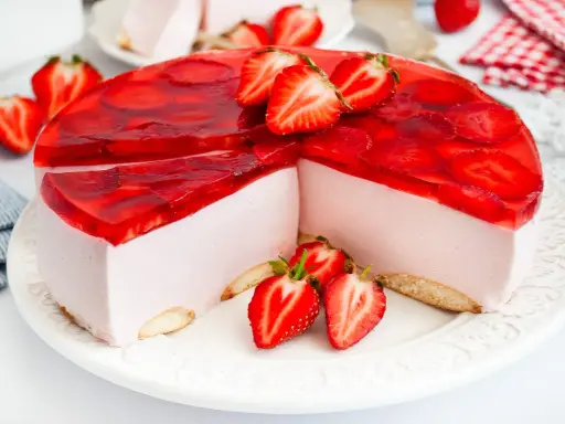 Pyszny sernik na zimno z mascarpone, udekorowany galaretką i świeżymi truskawkami. Idealny na letnie popołudnie.