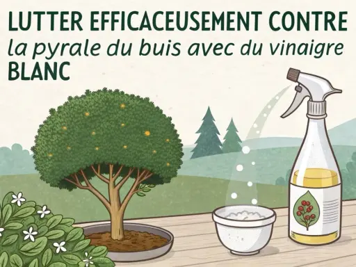 Lutter efficacemente contre la pyrale du buis avec du vinaigre blanc. Un buis sain, un pulvérisateur et un bol sont représentés.