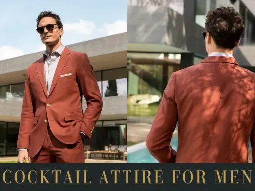 A man models a rust-colored suit, perfect for cocktail attire. The image showcases the suit from the front and back, highlighting its stylish design.