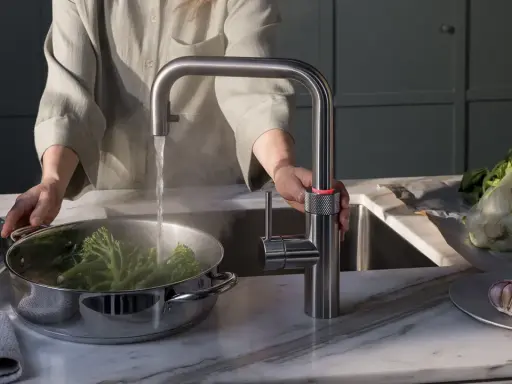Person kocht Brokkoli mit heißem Wasser aus einem Quooker. Manche fragen sich, ob ein Quooker ungesund ist, aber hier wird er für gesunde Ernährung genutzt.
