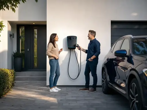 Ein Paar spricht vor einer Wallbox, die an der Hauswand montiert ist. Sie überlegen, welche Wallbox Kosten für sie am besten sind.