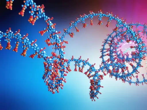 Estructura molecular tridimensional de el arn, con esferas azules, rojas y blancas representando átomos en una doble hélice.