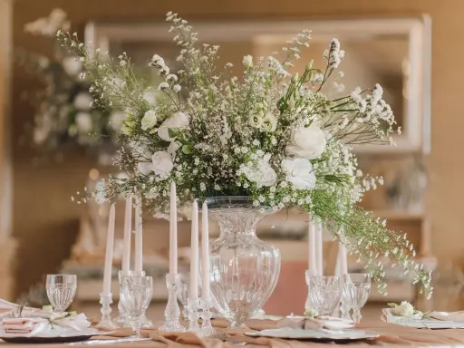 Un bouquet de vitrail fleur, blanc et aérien, orne une table dressée avec des bougies et des verres délicats.
