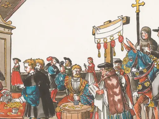 Szene aus dem luther thesen jahr: Geld wird gezählt, während eine Prozession mit Kreuz und Mönchen auf einem Pferd vorbeizieht.