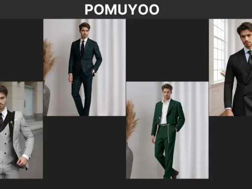 Men in stylish suits. A man in a grey suit, a man in a green plaid suit, a man in a cropped green suit, and a man in a black double-breasted suit.