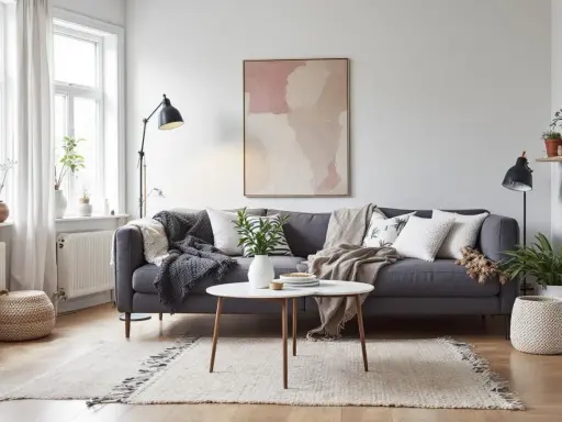 En grå soffa med många kuddar och filtar, ett runt soffbord och en matta skapar en mysig bohemisk inredning.