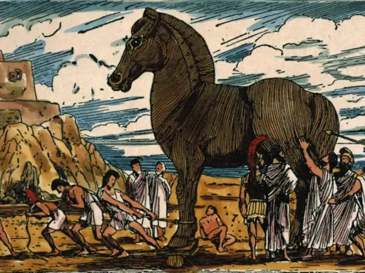 Menschen ziehen ein riesiges hölzernes Pferd in Richtung einer Stadt. Die trojanisches pferd geschichte beginnt hier.